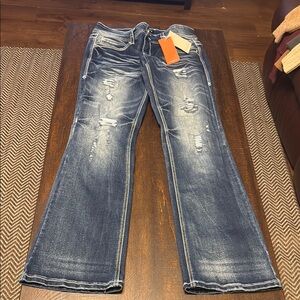 Blue Flare Wide Leg Jeans with Distressed Look